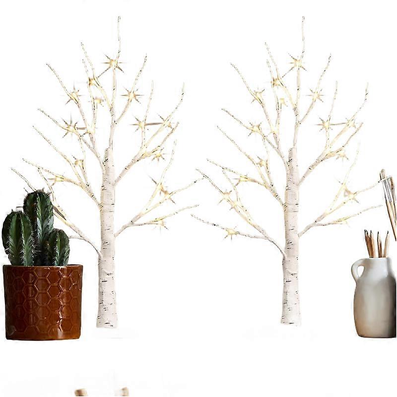 Set of 2-White Xmas Tree with Lights 2FT Tabletop Birch Tree with 24 Warm White LEDs Battery Operated Light up Twig Tree for Home Party Wedding Easter