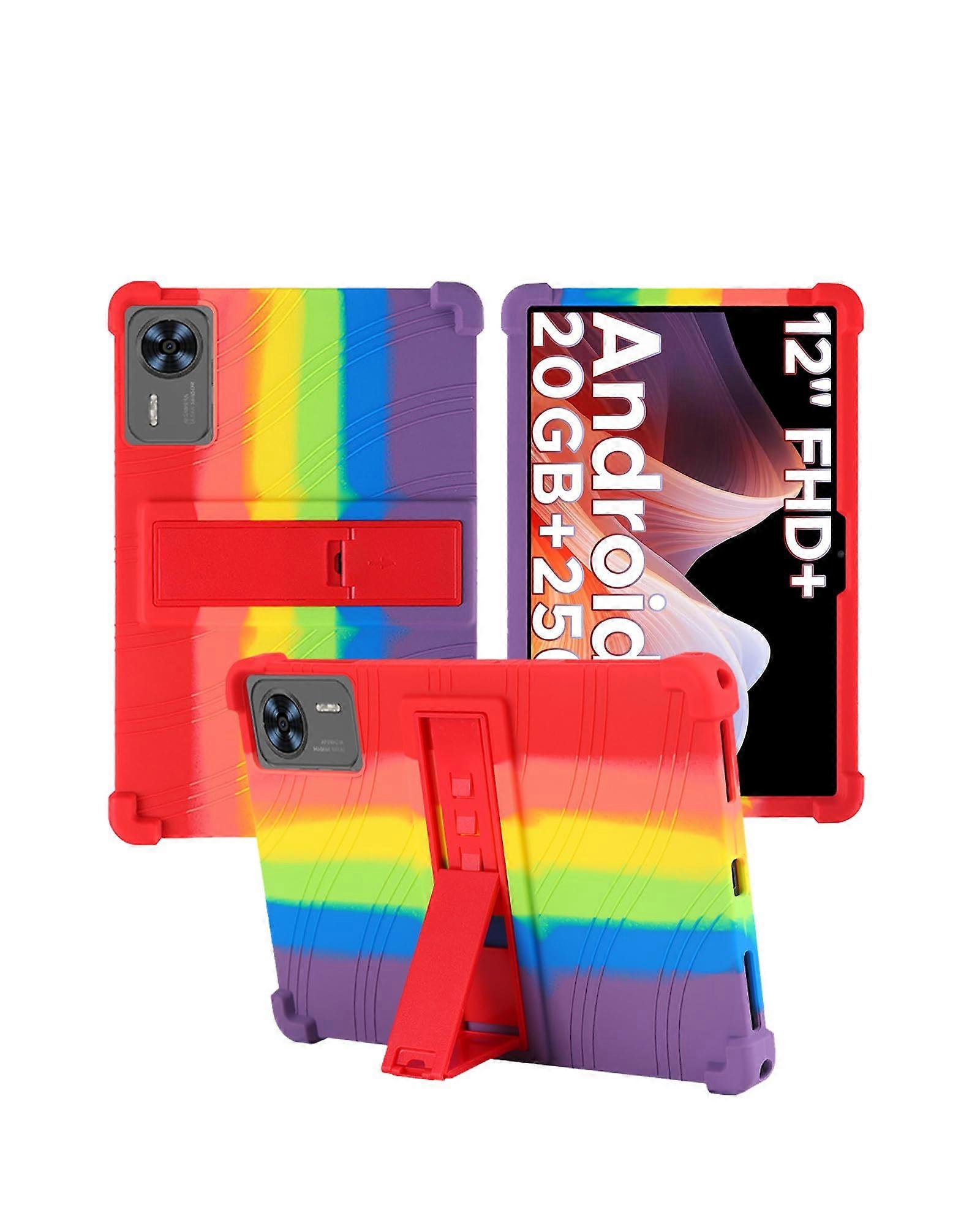 DOOGEE T36 (2025) 12 Inch Tablet Case, Soft Silicone Shockproof Sleeve with Adjustable Stand, Kids Friendly Rainbow Design