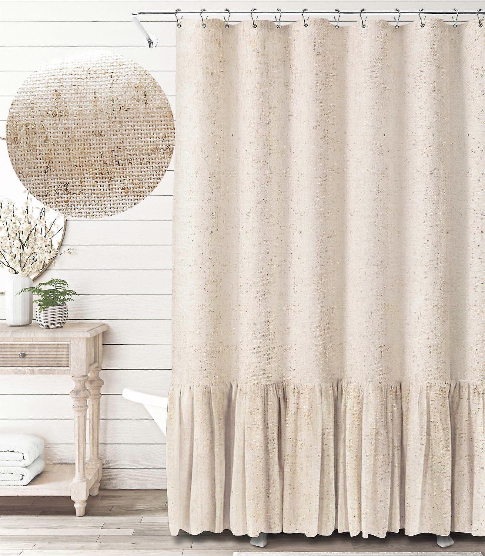 72" x 72" Rustic Beige Shower Curtain with Ruffle Hem, Natural Linen Blend.