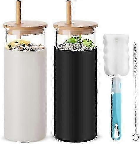 ストローと蓋付き2パックガラスタンブラー、16オンスの再利用可能なスムージーカップ、シリコン保護スリーブ付きガラスウォーターボトル、ジュイック用グラス