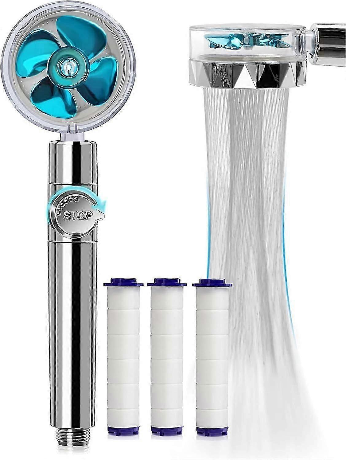 Hand Shower, Water Saving Anti Limescale Shower Head, High Pressure Propeller Shower Head Three Level Filter Filter System with 3 Replaceable PP Cotto