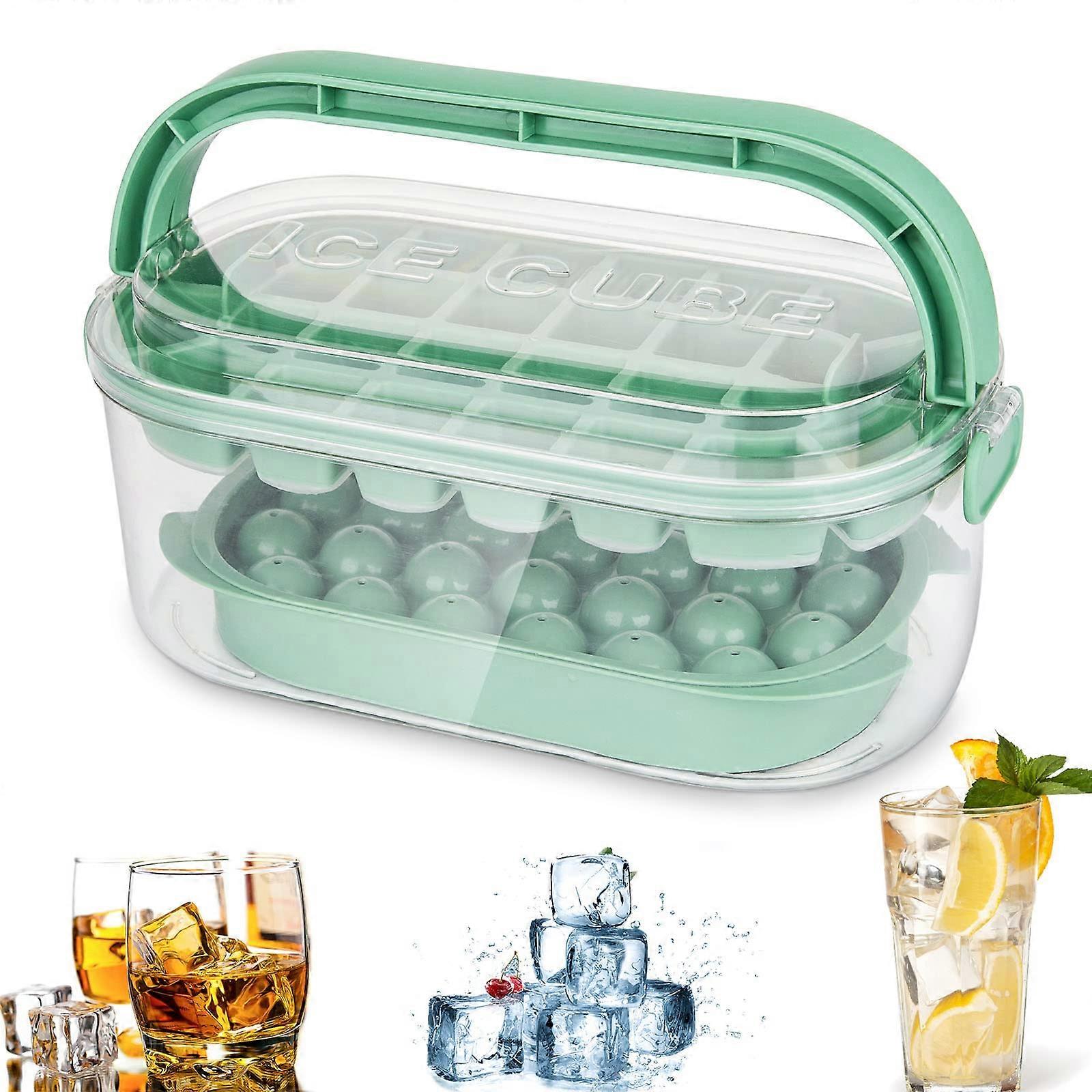 Ice Cube Tray with Lid and Container, 54 Ice Cubes, Portable Handle, Includes 2 Trays, 1 Ice Bucket and Scoop
