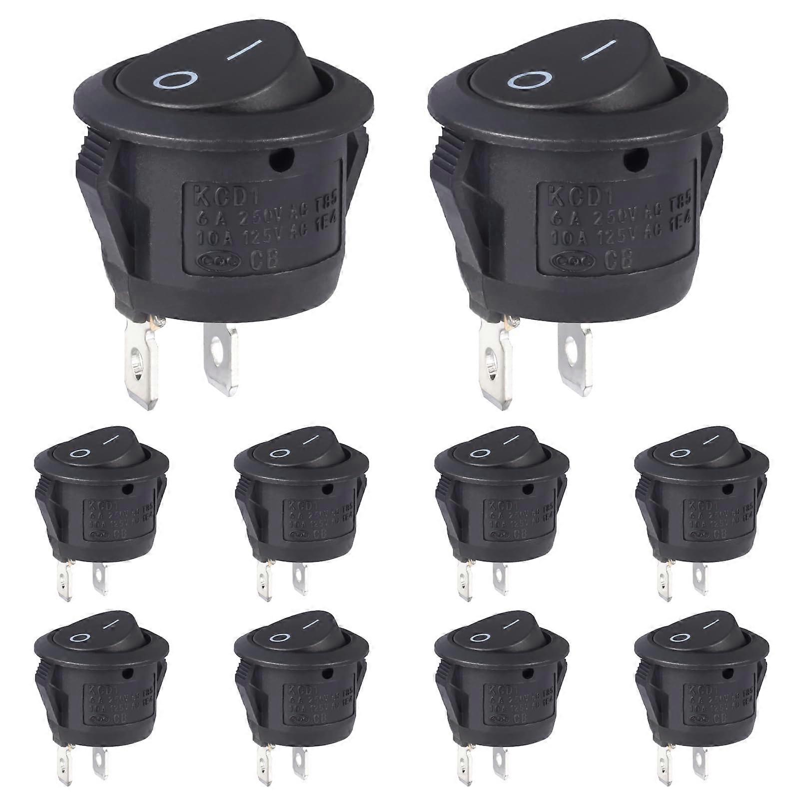 Rocker Switch Round 2-Pin 6A 250V / 10A 125V On/Off Black Pack 10 Built-In Self-Locking For Car, Boat