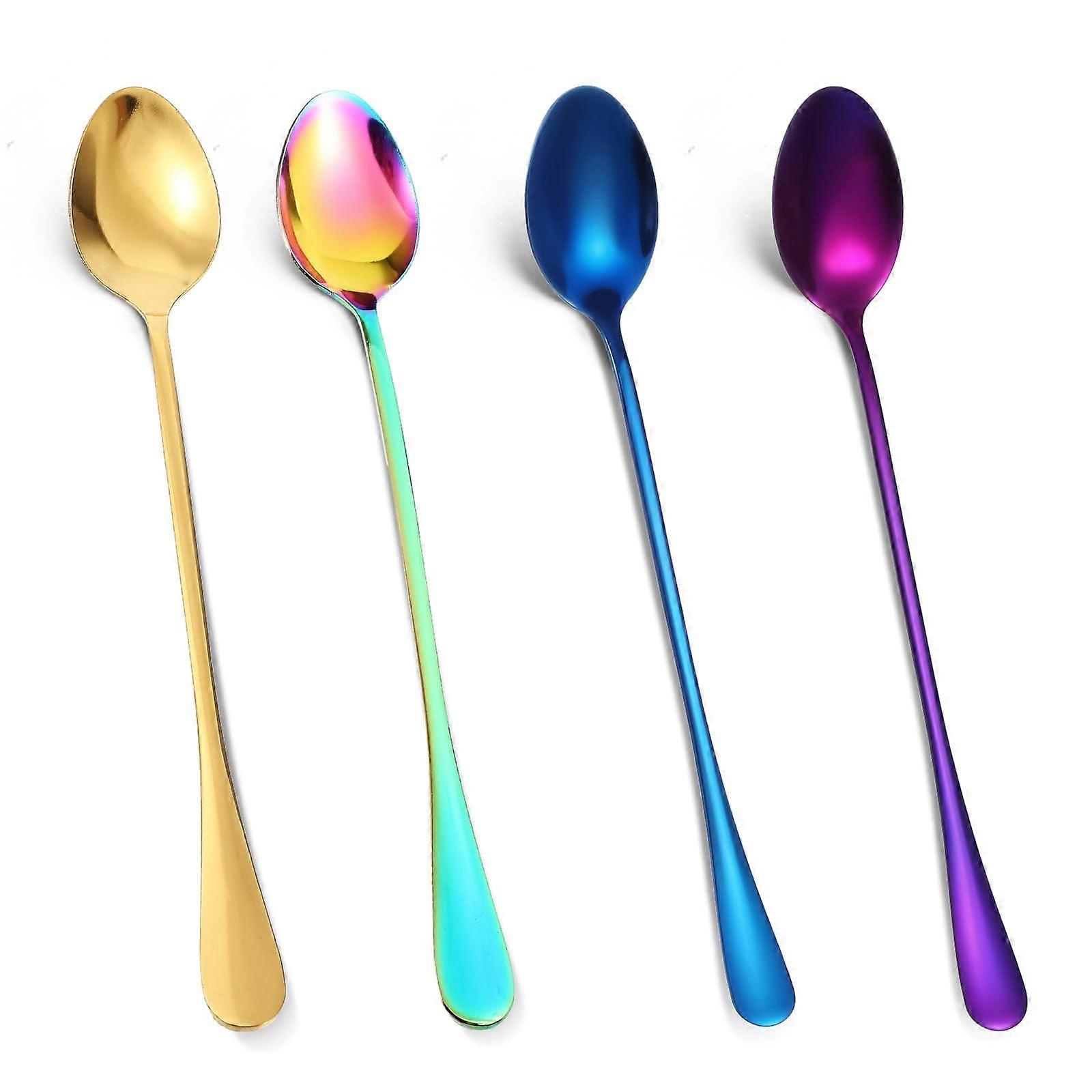 Set of 4 Long Stainless Steel Ice Cream Spoons, Latte Macchiato Spoons for Mixing Coffee, Milkshakes, Cold Drinks