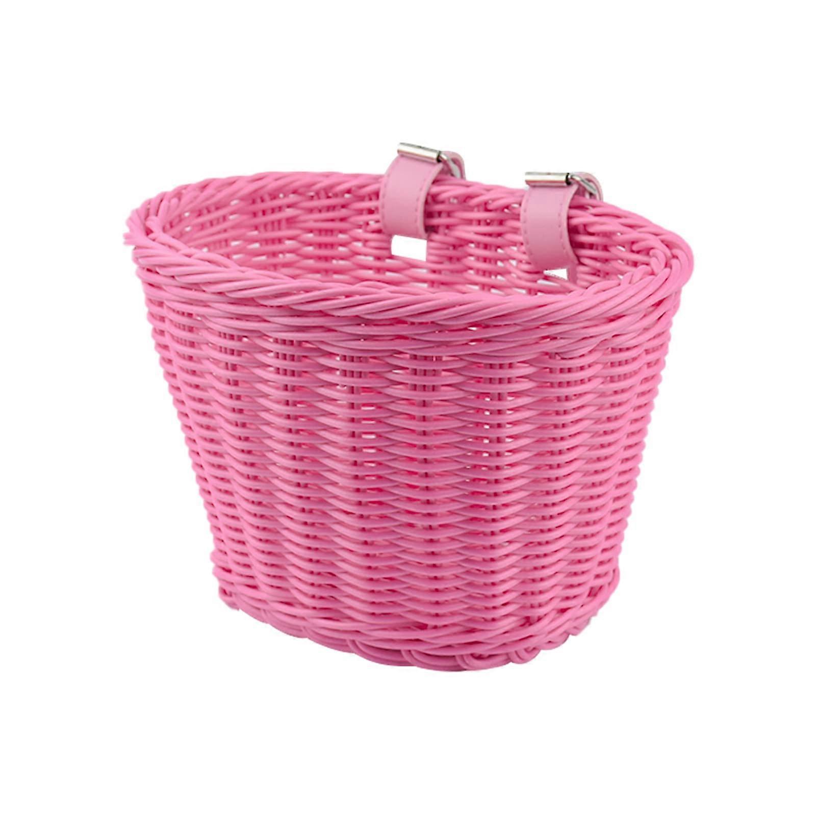 s Bicycle Basket Front Made of Wicker with Handlebar Strap, Vintage, Pink, 21 x 14 x 15 cm