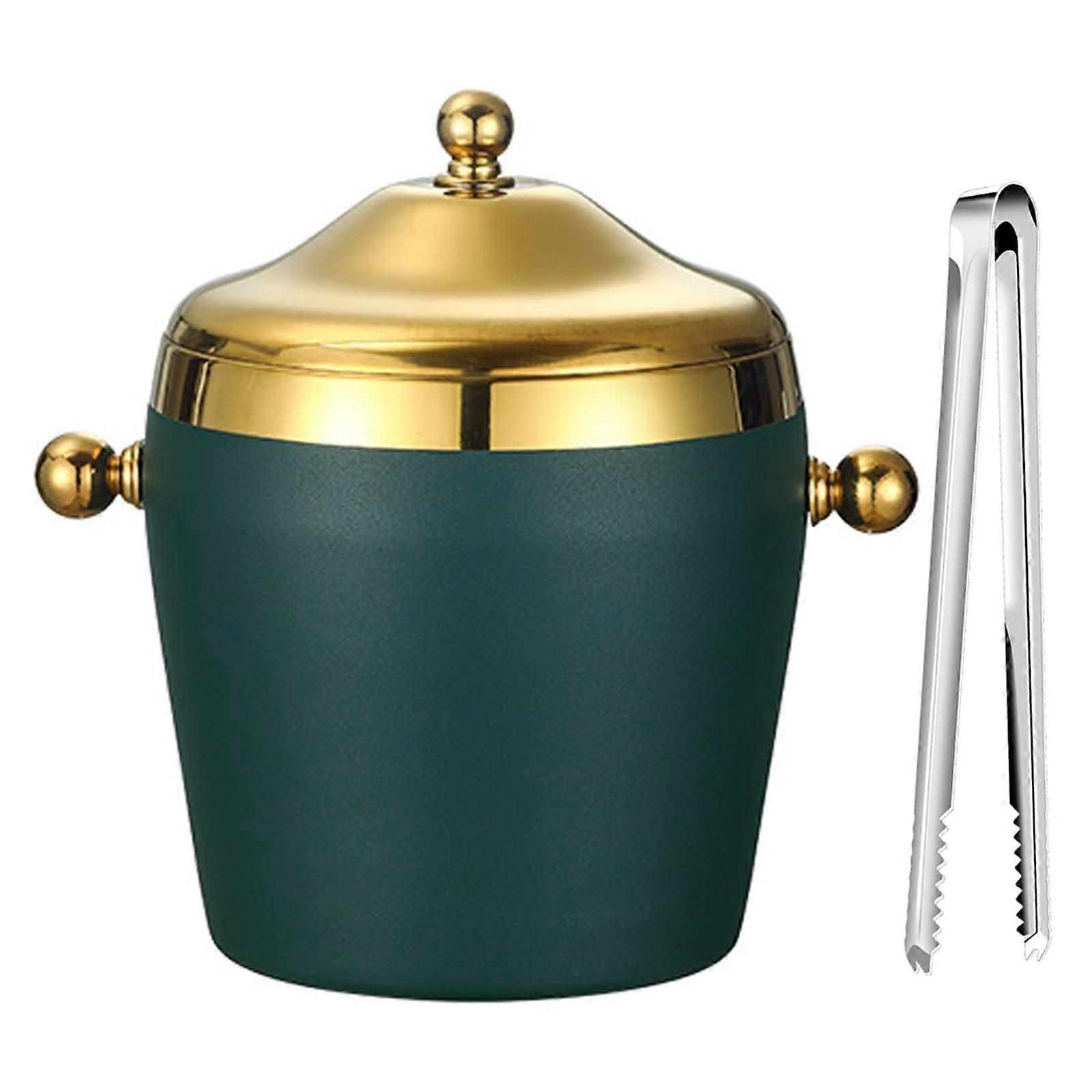 Stainless Steel Ice Bucket 1.2L, DoubleWalled Insulated with Lid Tongs, Dark Green
