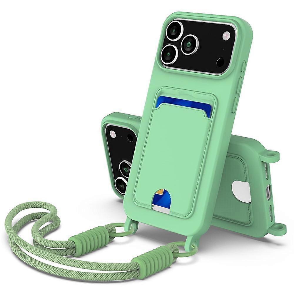 لجهاز iPhone 17 Pro Max Case حامل بطاقة سيليكون سائل غطاء خلفي للهاتف مع حزام قصير أخضر