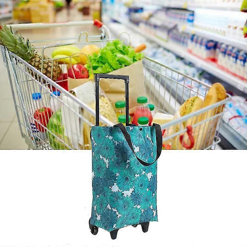 2025 Shopping Cart Foldable Portable Grocery Cart Oxford Fabric Shopping Trolley with Wheels Extendable Handle for Travel Blue Daisy