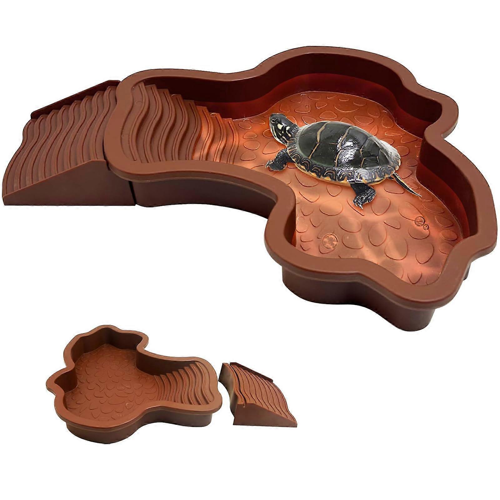 Water Dish for Pool Turtle with Ramp 35x28.5x4.2cm Water Trough, Terrarium Accessory for Terrestrial Turtles, Lizards Geckos (Red Brown)