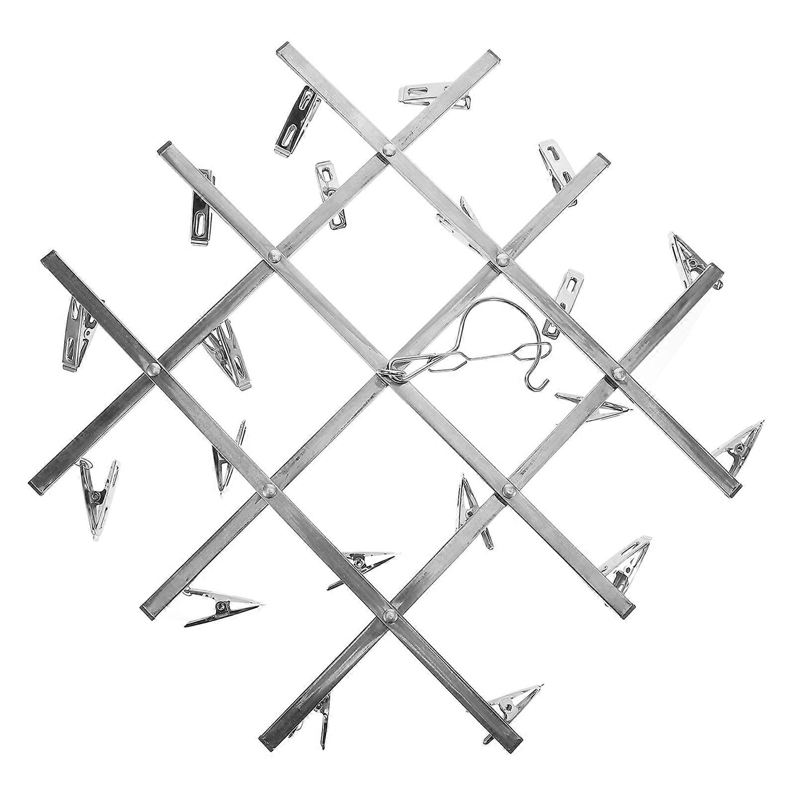 MultiFunctional Round Sock Drying Rack with Windproof Clothespin Hooks and 20 Pegs for Hanging Clothes Silver Metal