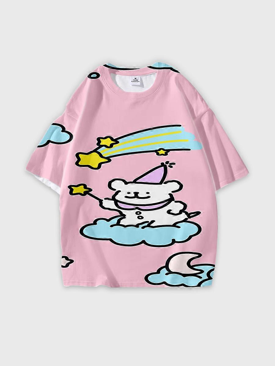 T-shirt girocollo Cartoon Pattern manica corta sciolta D3478
