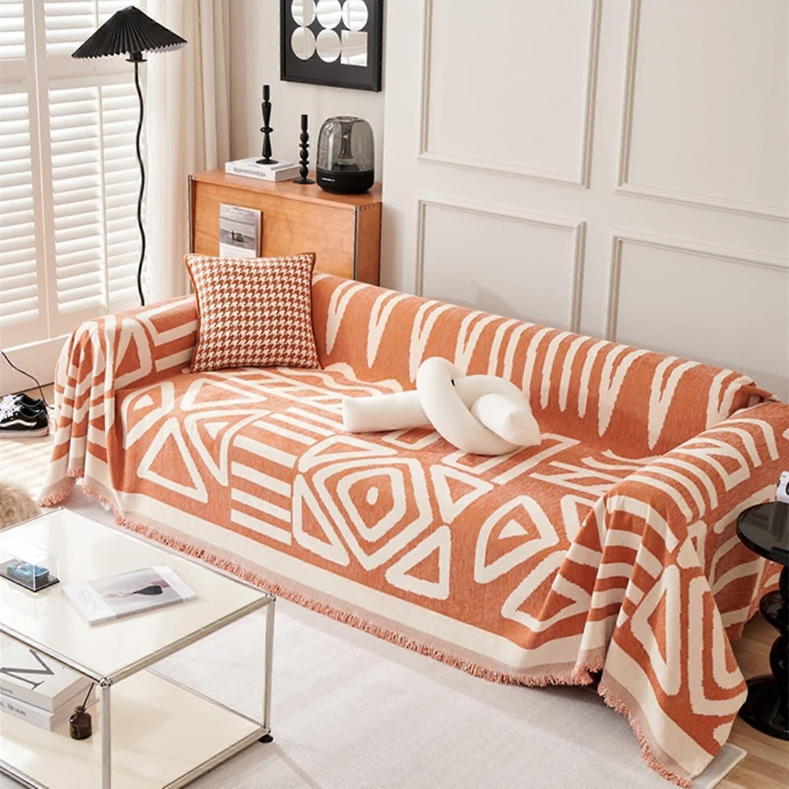 Orange sofa blanket, polyester couch cover with geometric line pattern, 1seater sofa cover (180x150cm)