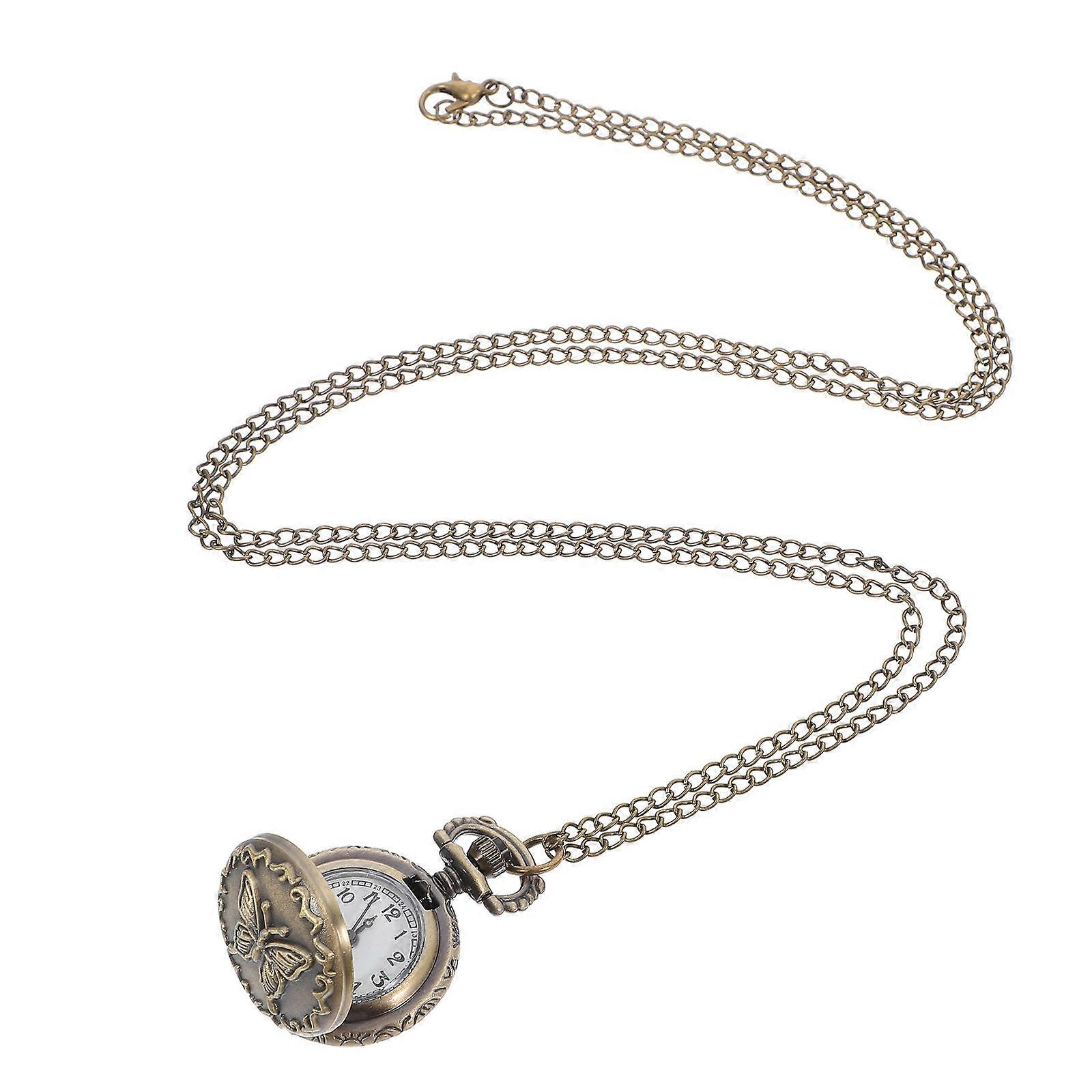 Antique Quartz Pocket Watch With Butterflies Pattern For Adults Retro Design Timekeeping Coffee Color 1Pc