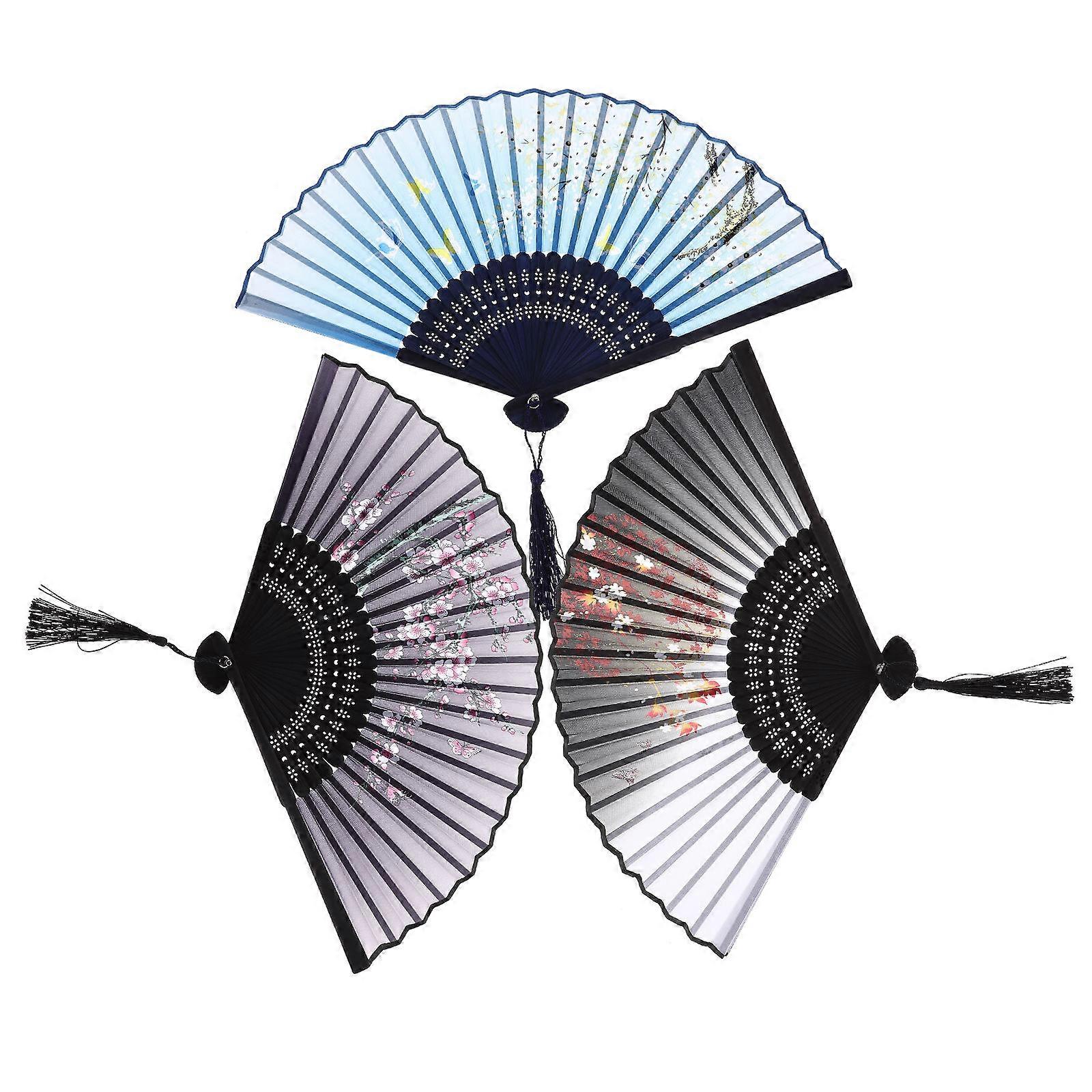 3pcs Vintage Folding Hand Fan with Tassel – Portable Chinese Style Fan Set for Summer, Weddings, Decor & Performance