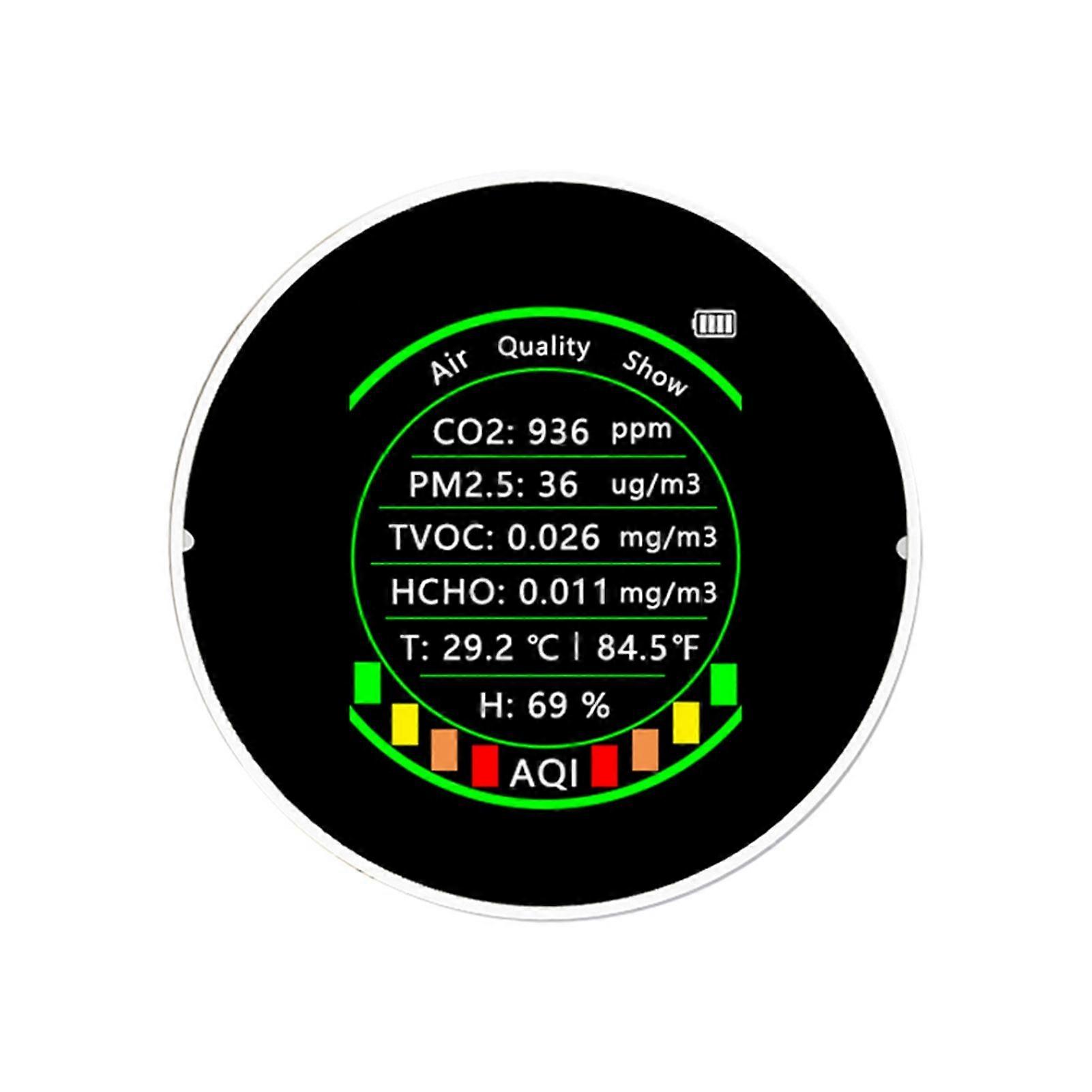 7 in 1 Air Quality Meter Round Multifunctional Portable Color Display CO2 PM2.5 TVOC HCHO Temperature Humidity Detection Tester