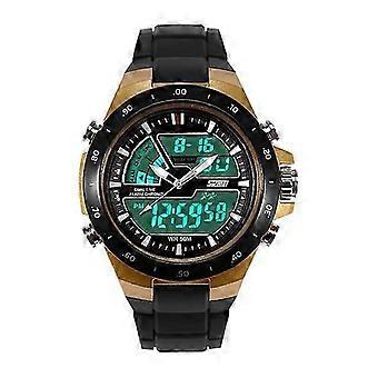 Men's Analog Digital Backlight Dual Time Round Watch Gold Black