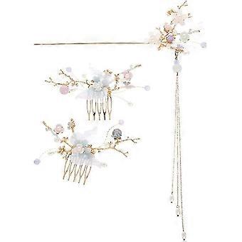 2023 - Rhinestone Pearl Flower Hair Stick Hair Comb Chinese Hair Chopsticks Vintage Tassel Hair Pin Chignon (ShiKai)