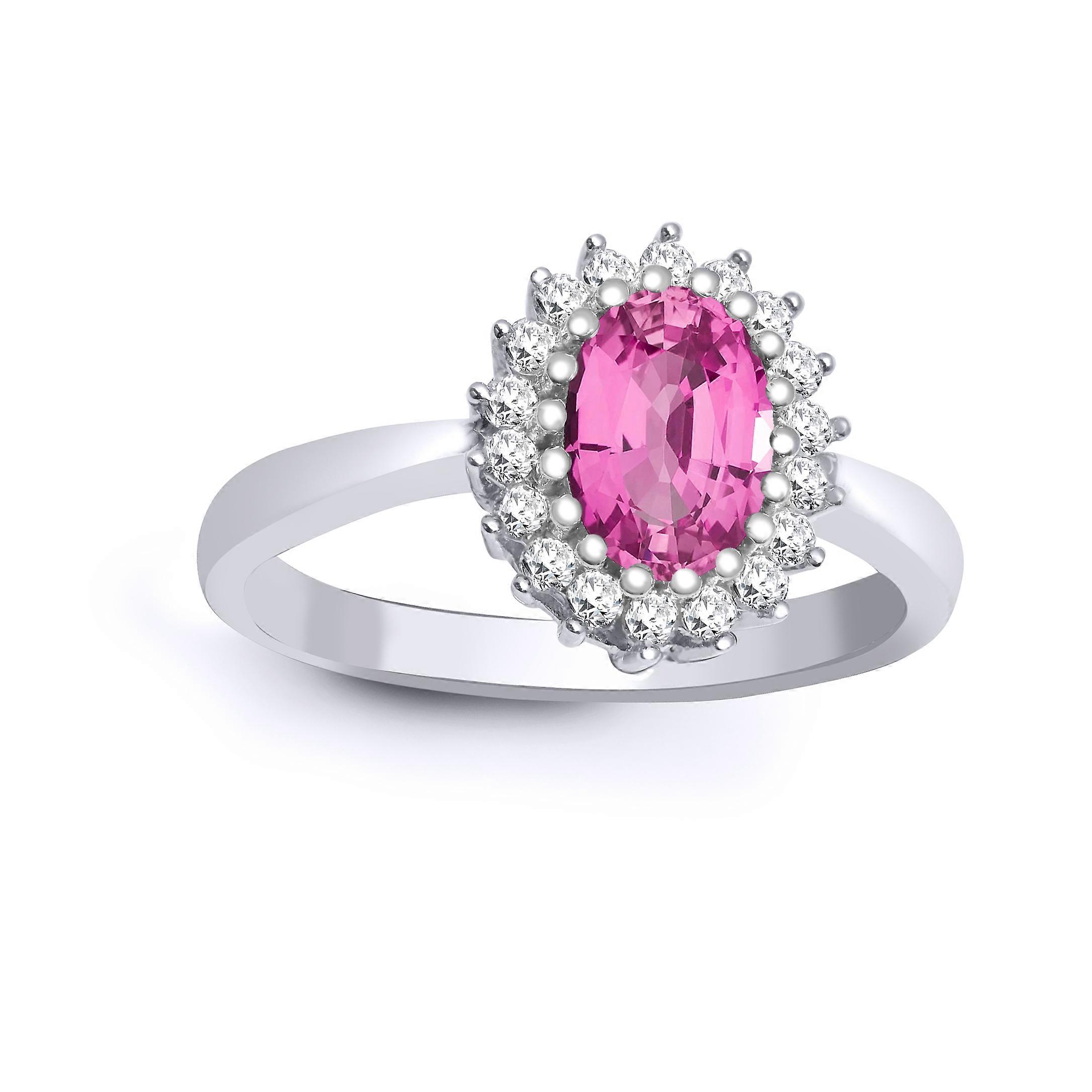 Jewelco London 9 克拉白金 H I2 0.23 克拉钻石椭圆形粉红色 1.06 克拉蓝宝石经典皇家集群戒指 11 毫米