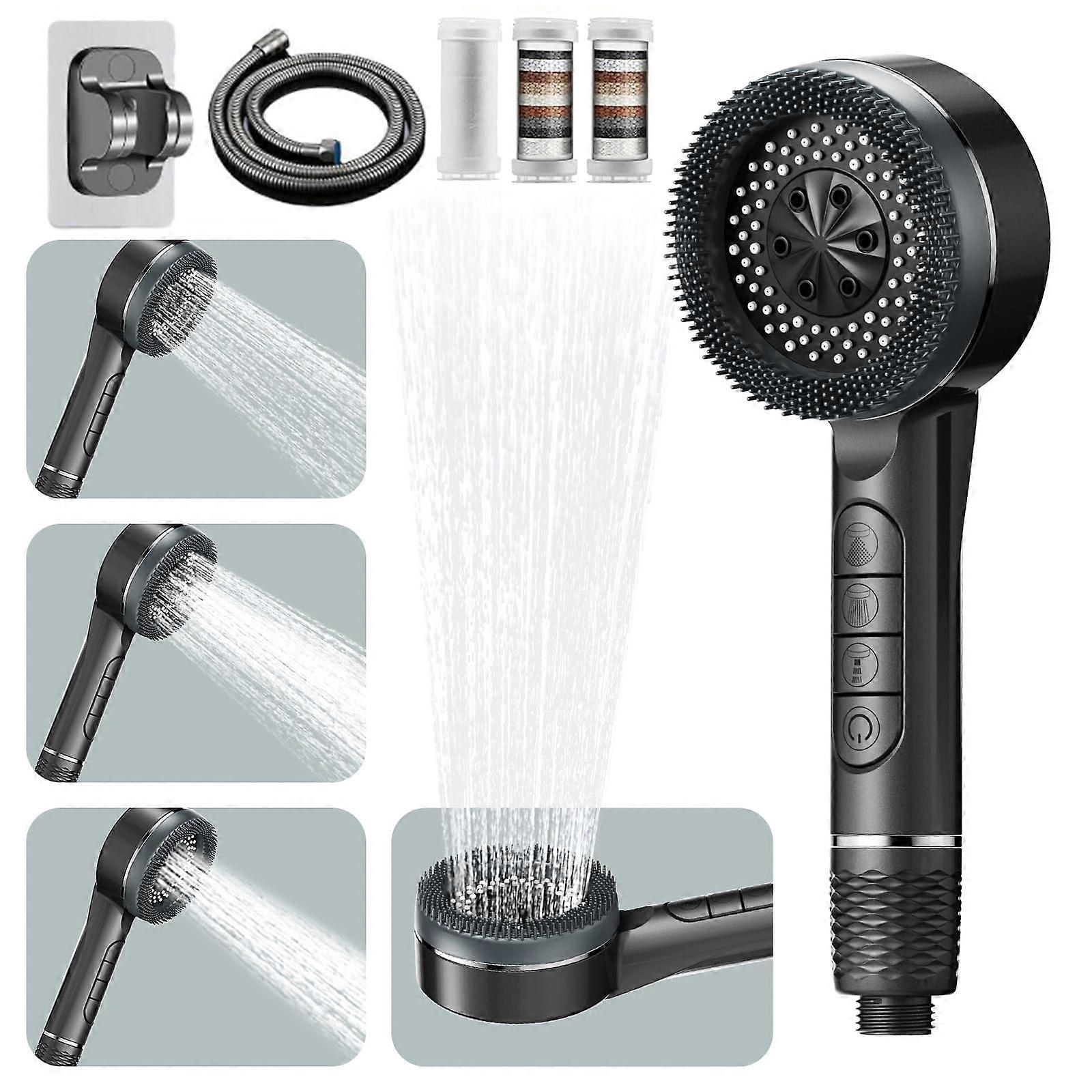 Pressure Shower Heads With Hard Water Filter, 4Mode Handheld, Pause Switch, 1.5m Hose, Shower Stand, Dark Gray