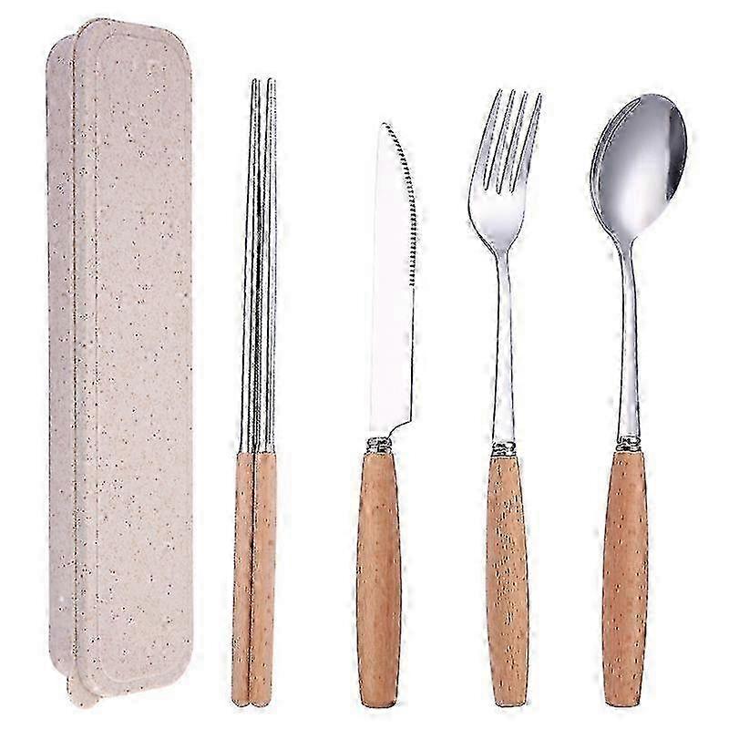 2025 Portable Utensils Set with Case-4 Pieces Wood Handle Reusable Flatware Set Fork Spoon Stainless Ste