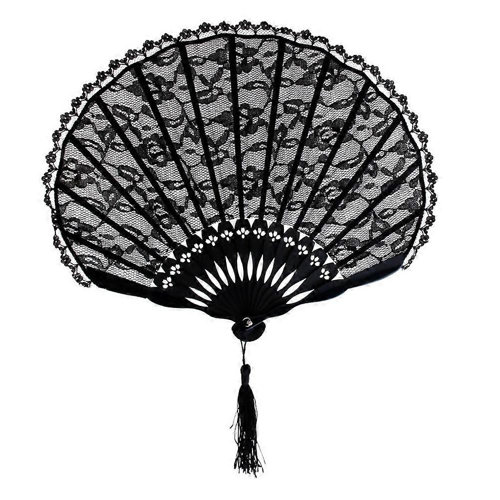 Folding Fan Lace Bamboo for Bring Cool 2Pcs Black Style