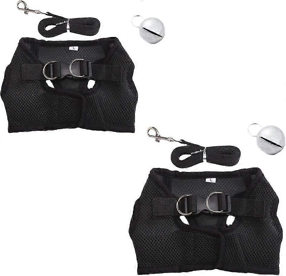 2 قطعة الحيوانات الأليفة تسخير سترة شبكة المقود مع تنفس الجرس لأرانب خنزير غينيا (حجم S: الصدر: 26-32cm / 10.23-12.59 "، أسود)