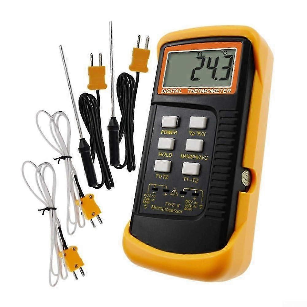 Digital thermometer type K with two sensors for accurate measurements in a compact design.