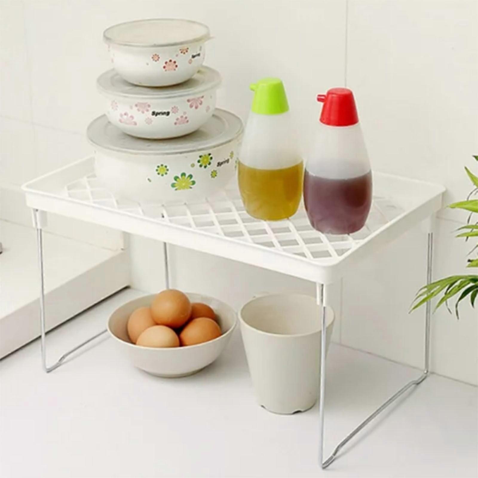 Foldable Kitchen Storage Rack, White Wire Stackable Shelf for Countertops, Compatible with Plertrvy, Space-Saving Holder
