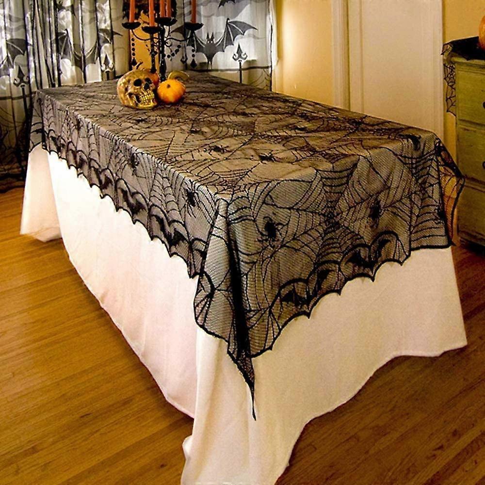 Vorkoi Halloween Tablecloth with Spiderweb & Bat Design Lace Rectangular Festival Table Cover Halloween Table Decorations for Parties & Gatherings