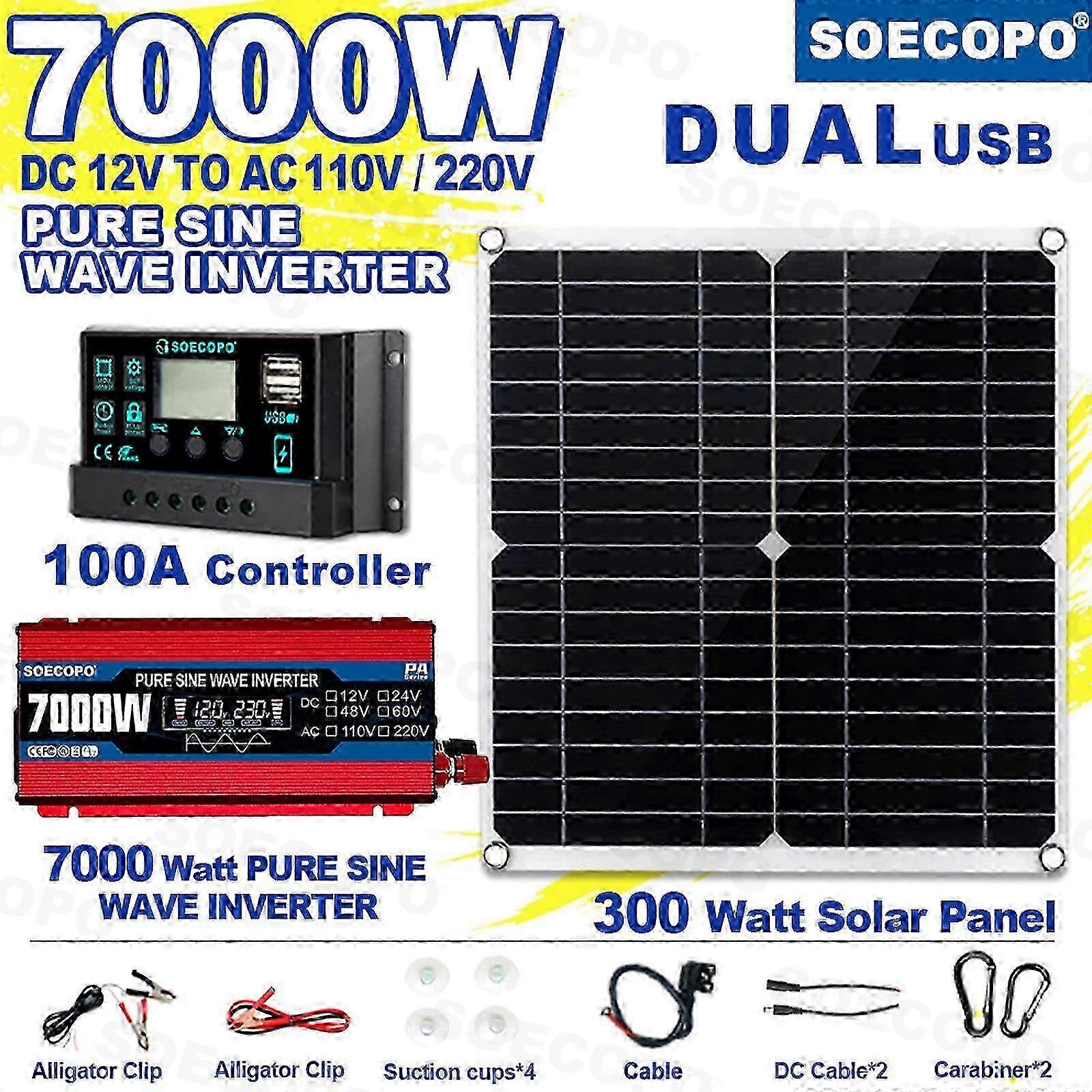 SOECOPO 7000W Portable Solar Power Kit | 300W High-Efficiency Panel + 100A Controller + 12V to 110V/220V Pure Sine Wave Inverter