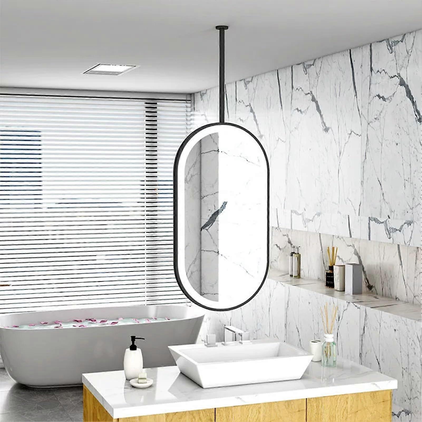 LED Bathroom Mirror with Touch Control, 3Colour Waterproof Oval Ceiling Mounted Black Frame 40x70cm