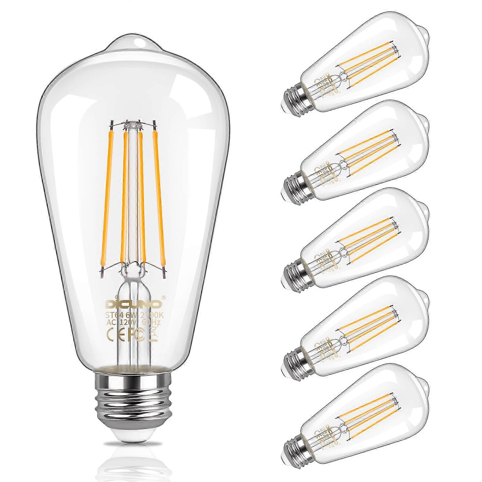 ST64 LED Edison Bulb 60W Equivalent, Warm White 2700K, Vintage Filament Style, E26 Base, 6 Pack