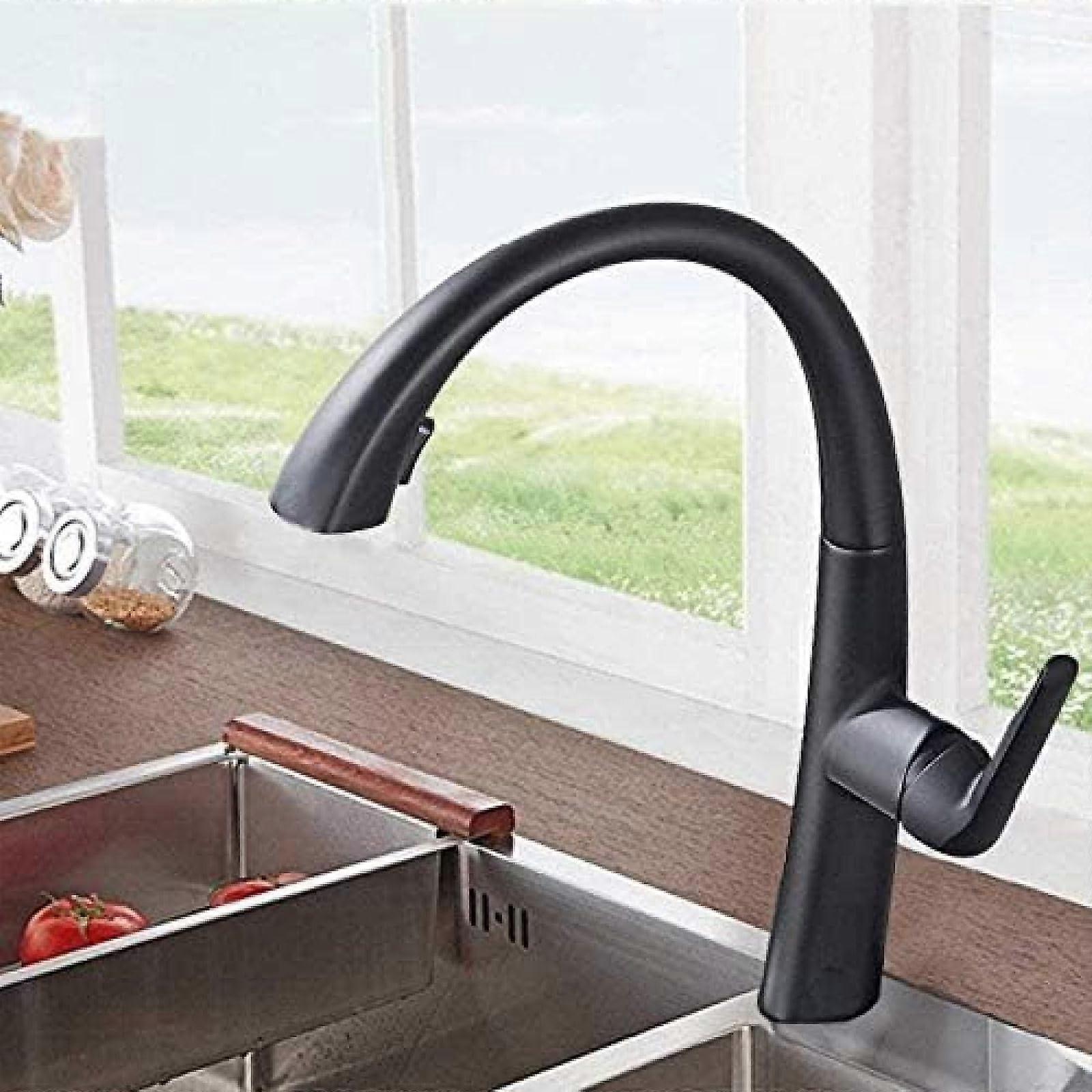 Black Solid Brass Pull Out Kitchen Faucet 360° Rotation Hot and Cold Mixer Tap for Sink