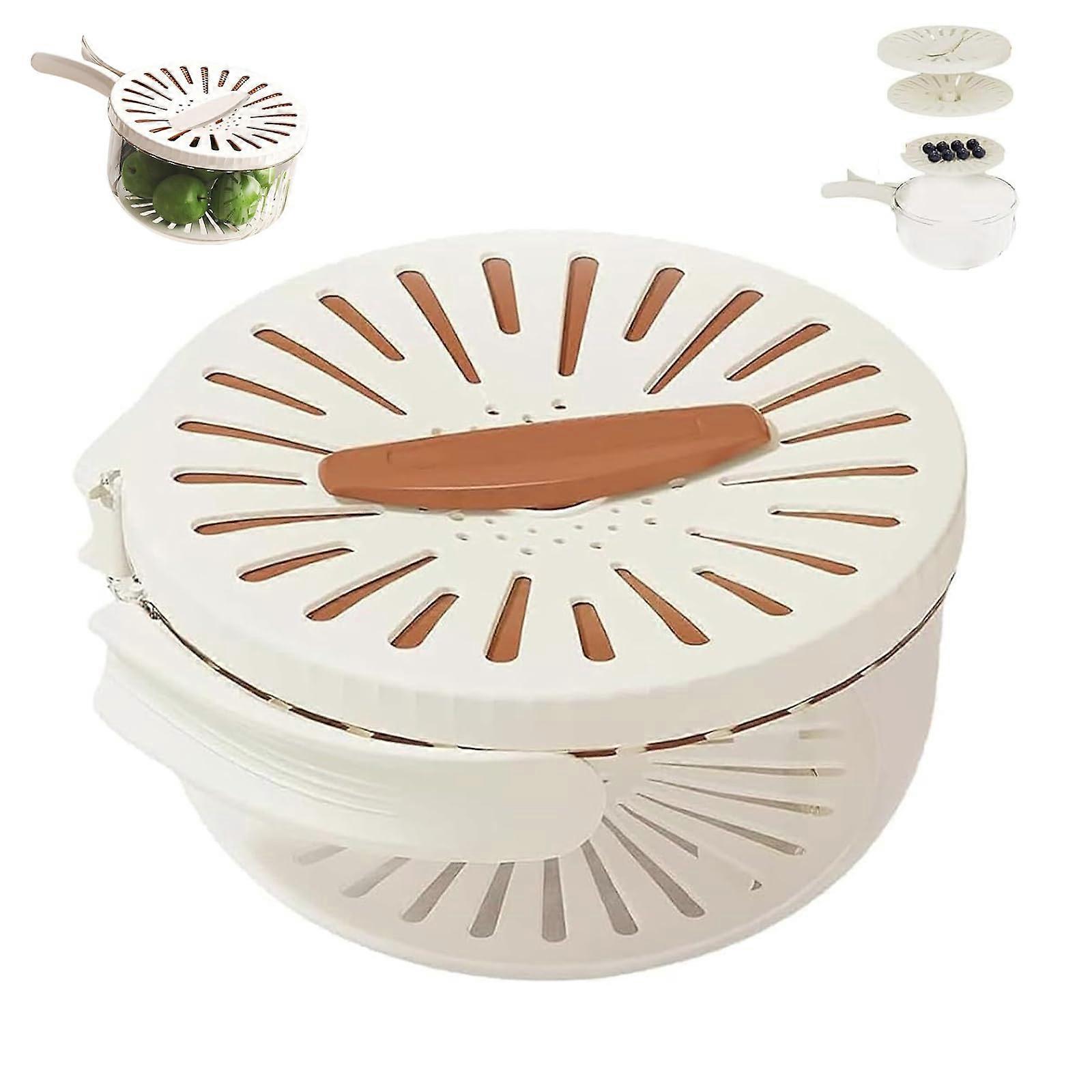 2in1 Fruit and Vegetable Washing Bowl with Colander, Foldable Handle, Rotating Lid, Brown 6.1in