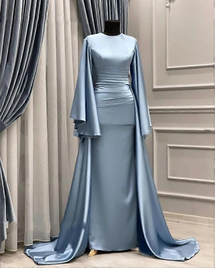 Muslim Evening Dresses For Party Long Sleeves Satin Mermaid Formal Prom  Gowns