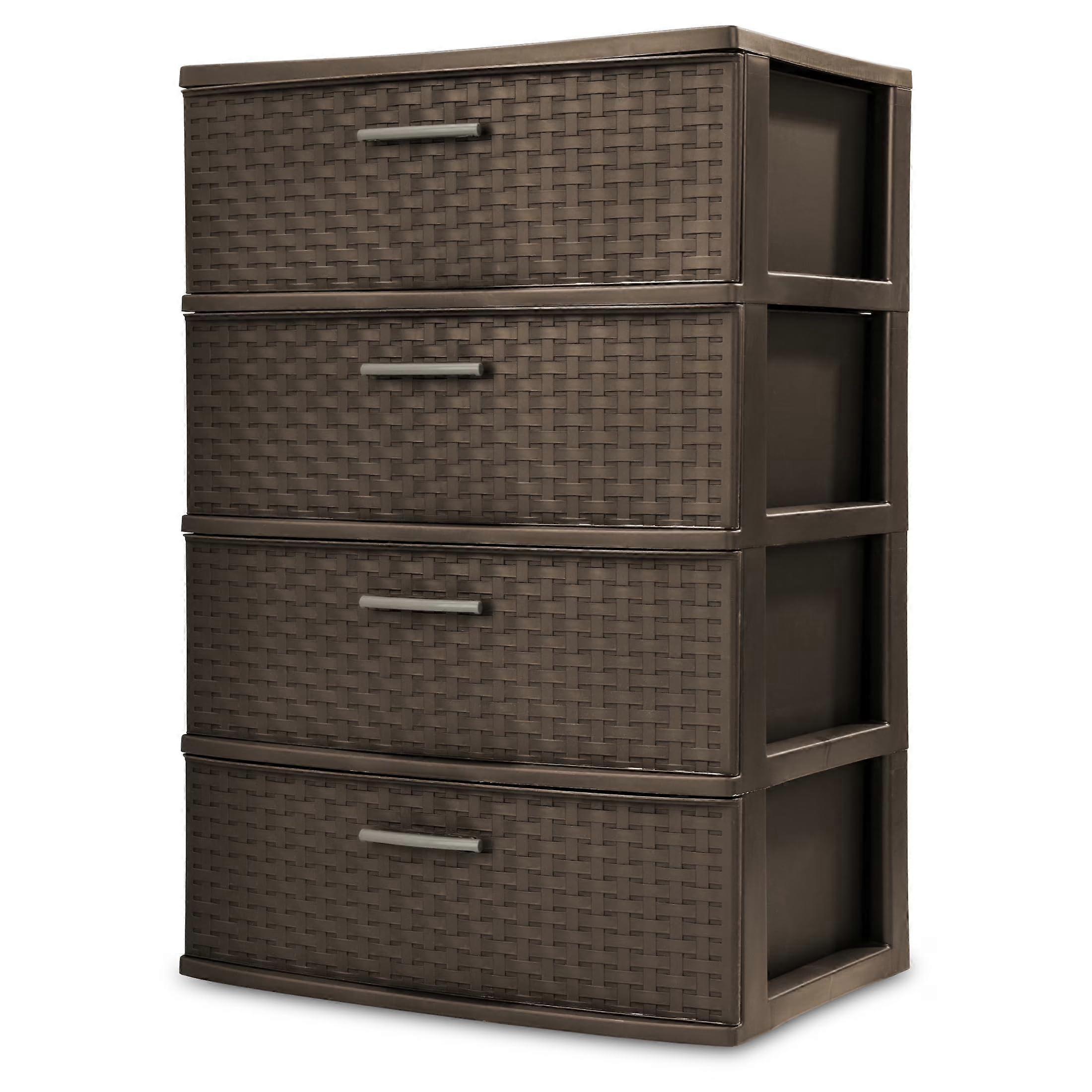 Plastic Storage Drawers 4 Drawer Wide Wovenlook Tower with Smooth Pull Handles Espresso Organizer