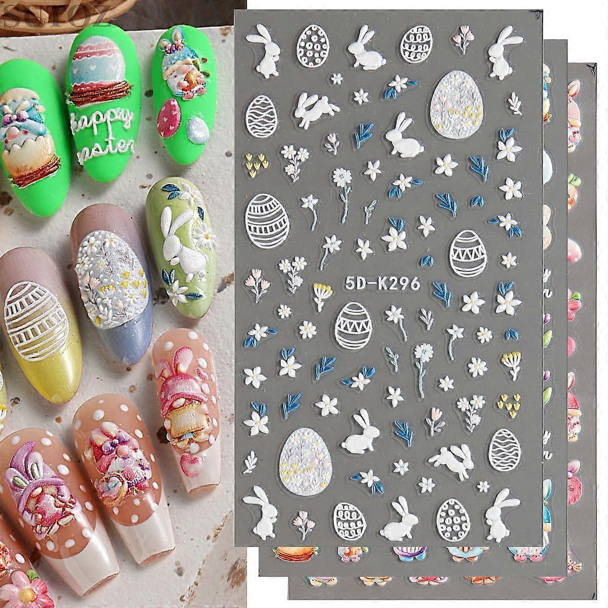5D Embossed Easter Nail Stickers Set with Bunny Egg Flower Decals, Self Adhesive Spring Designs