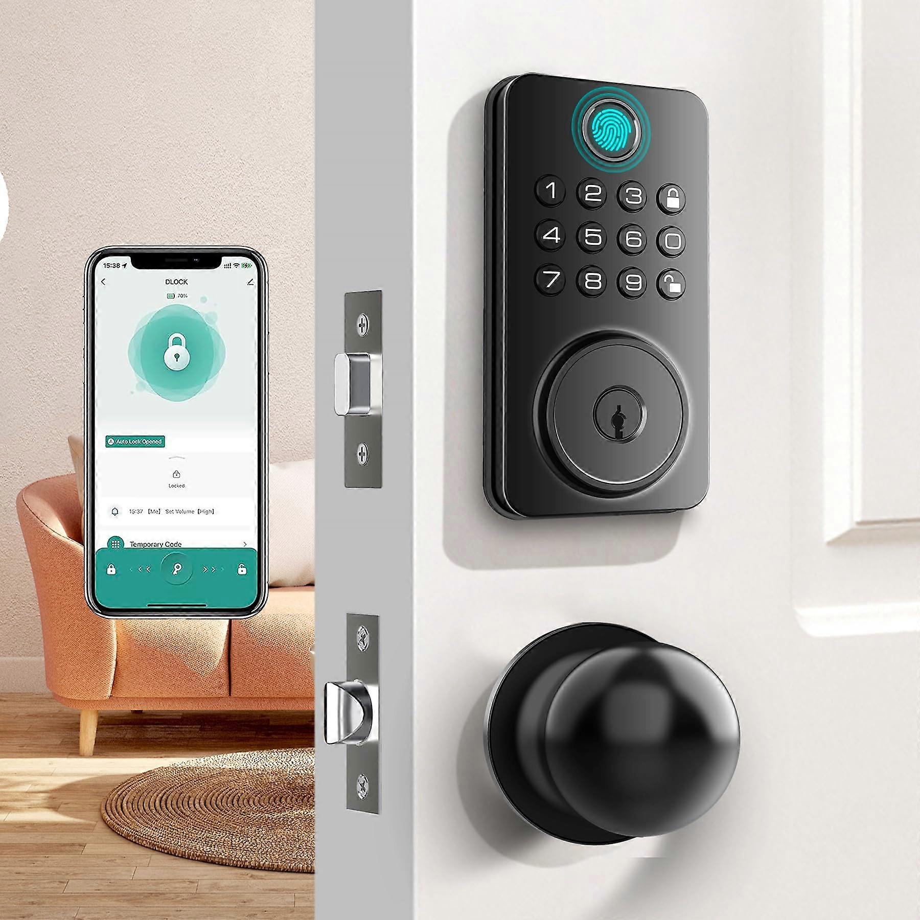 Smart Fingerprint Door Lock with Handle Set, Keyless Entry Deadbolt, App Control, Auto Lock, Black
