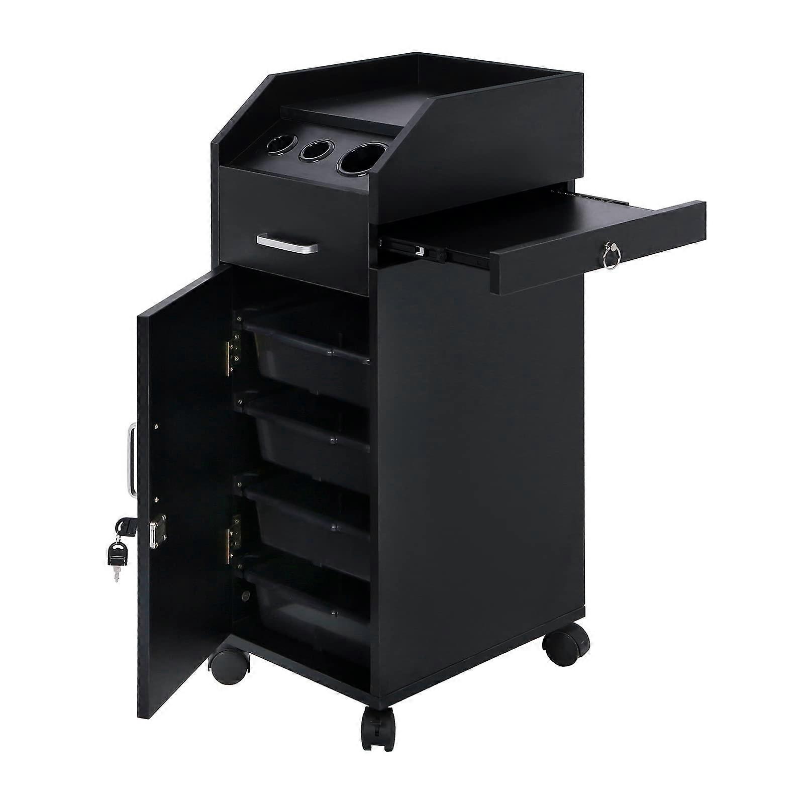 Salon Trolley with Lockable Storage, 4 Drawers, 3 Tool Holders, Smooth Wheels, Black
