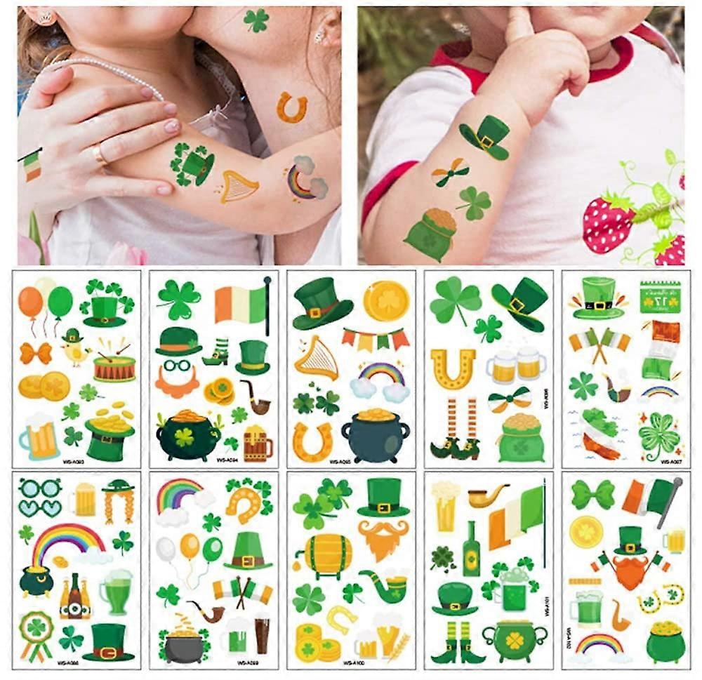 10 Sheets St Patrick's Day Temporary Tattoos with Multiple Irish Clover Patterns for Party Decoration