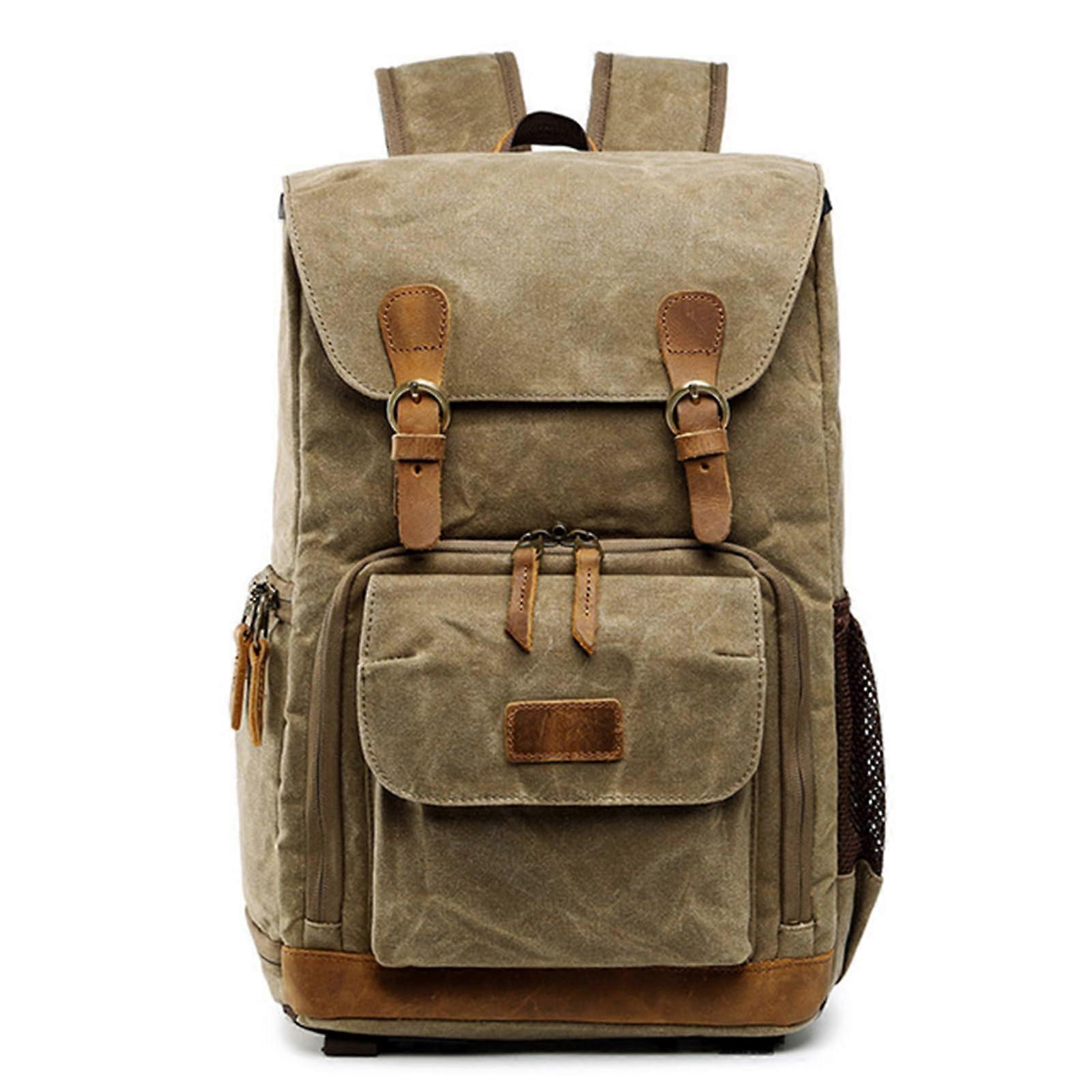 Vintage Waterproof Canvas Camera Backpack with Large Capacity and Shockproof Padded Interior Khaki