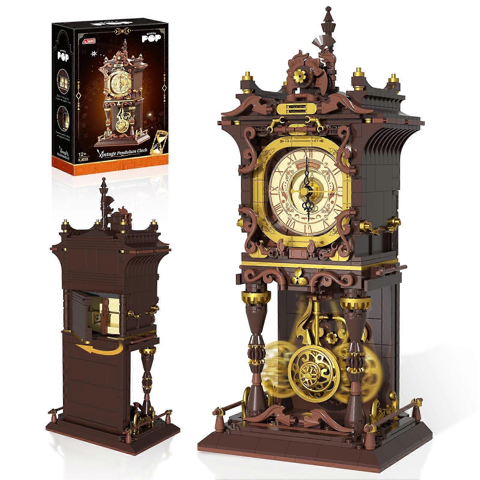 Vintage Clock Building Blocks with Functional Mechanical Movement, Swinging Pendulum, Retro Steampunk Design