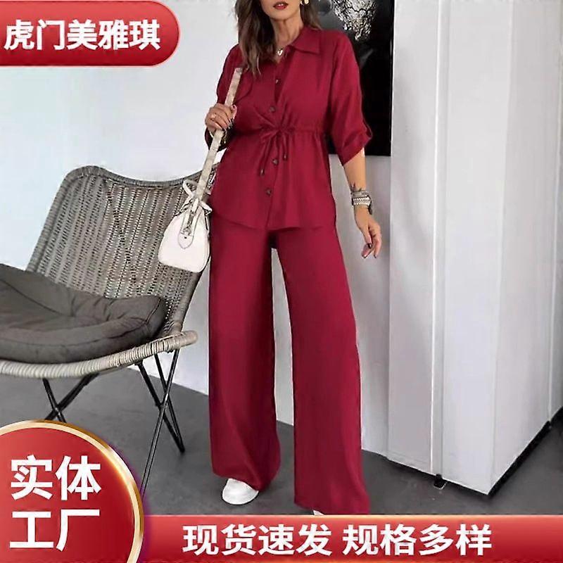 2026 Women's Autumn Simple Loose Solid Color Drawstring Patch Pocket Button Matching Set L