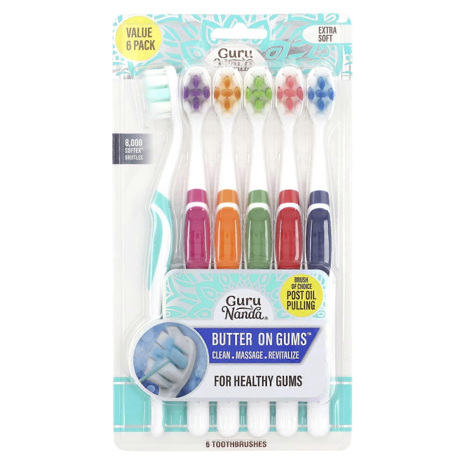 GuruNanda, Bristle Toothbrush Multi-Pack, Extra Soft, 6 Toothbrushes, 4-Pack