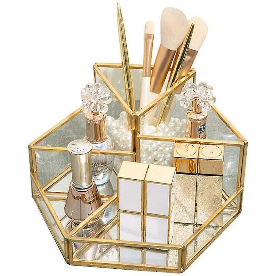 Durable Gold-Toned Glass Vanity Tray Space-Saving