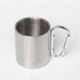 Camping mug, outdoor mug, metal mug, 200 ml, with screw carabiner, stainless steel, hiking, trekking, work, silver