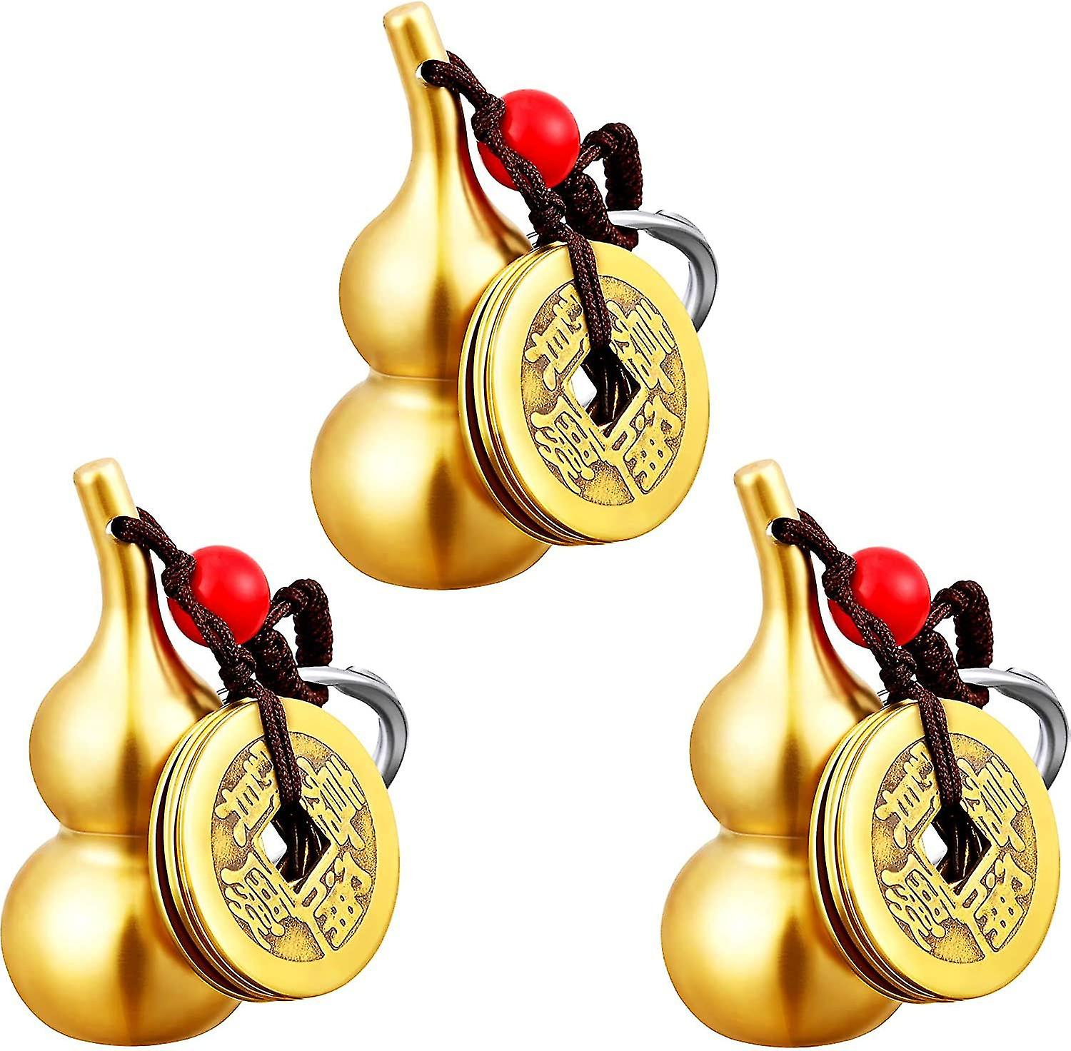 3 Pieces Chinese Gourd Brass Wu Lou Keychains Feng Shui Coins Calabash Decoration