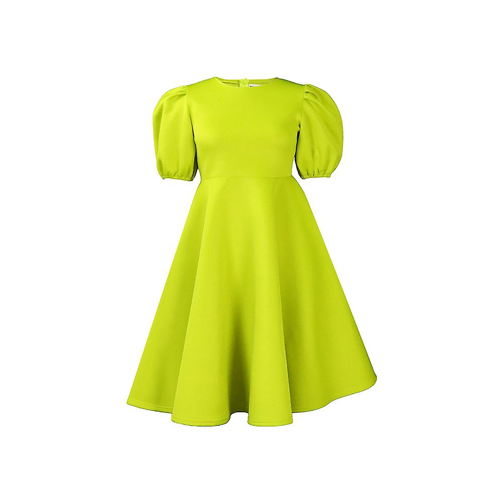 Crew Neck Temperament Bubble Sleeves Tucked In Waist Large Swing Dress Skirt A-line Dress