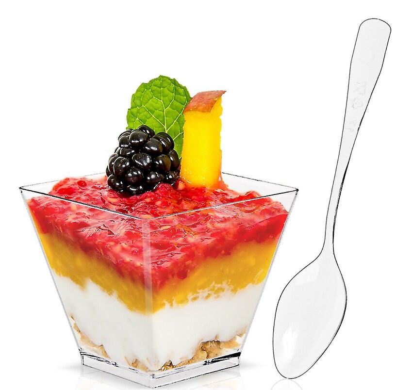 50pcs 60ml Square Clear Plastic Cake Cup With Spoons For Tasting Party Desserts Appetizer
