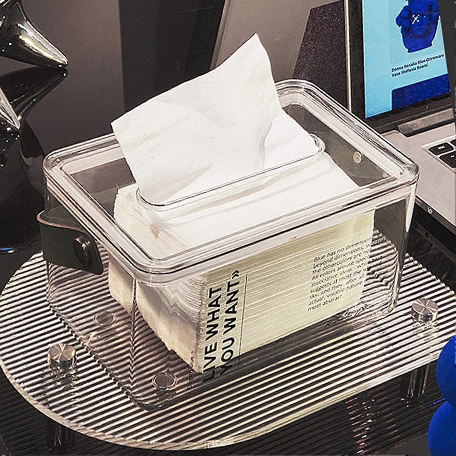 Transparent PET PU Tissue Box with Handle, Flat Bottom, White 376g